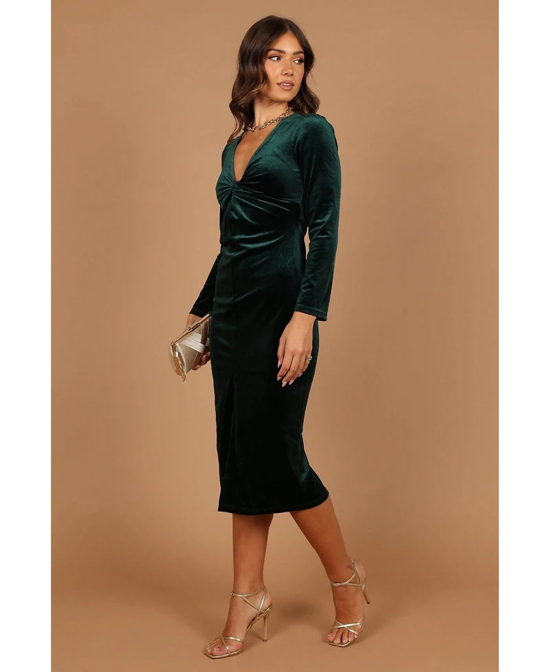 Womens Lisse Twist Front Long Sleeve Velvet Midi Dress - Emerald