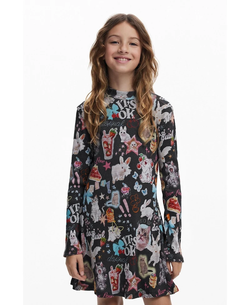 Desigual Girls's Long sleeve cat skater dress