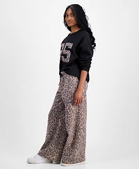 Madden Girl Juniors' Wide-Leg Leopard-Print Sweatpants