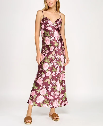 Beauty & Grace/K&K Clothing Llc Juniors' Floral Printed Satin Maxi Dress