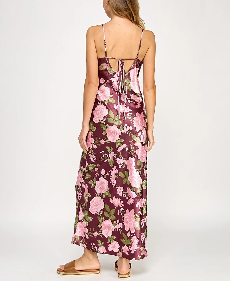 Beauty & Grace/K&K Clothing Llc Juniors' Floral Printed Satin Maxi Dress