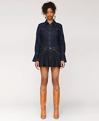 Avec Les Filles Women's Bubble-Hem Denim Mini Skirt