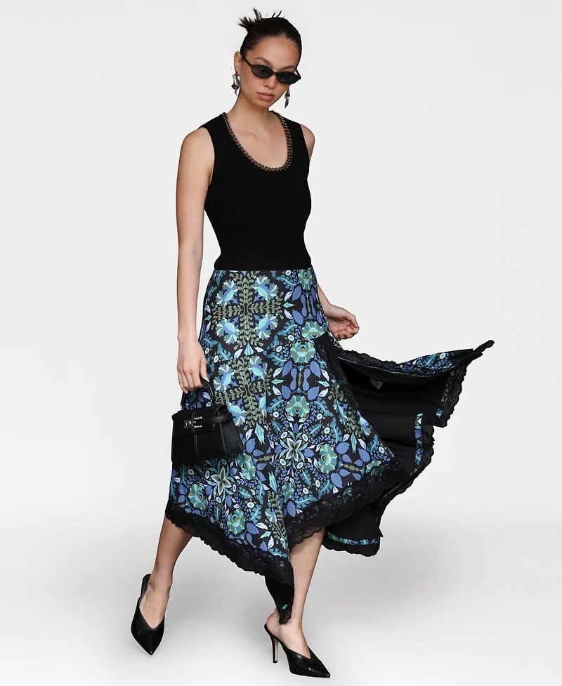 Avec Les Filles Women's Lace Trim Handkerchief Hem Skirt