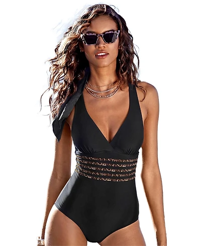 Lascana Women's Leopard Cheetah Trim Tummy Control One Piece Swimsuit