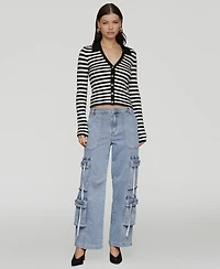 Avec Les Filles Women's Multi Pocket Wide-Leg Cargo Jeans