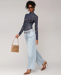 Avec Les Filles Women's Printed Mesh Mock Neck Ruched Top