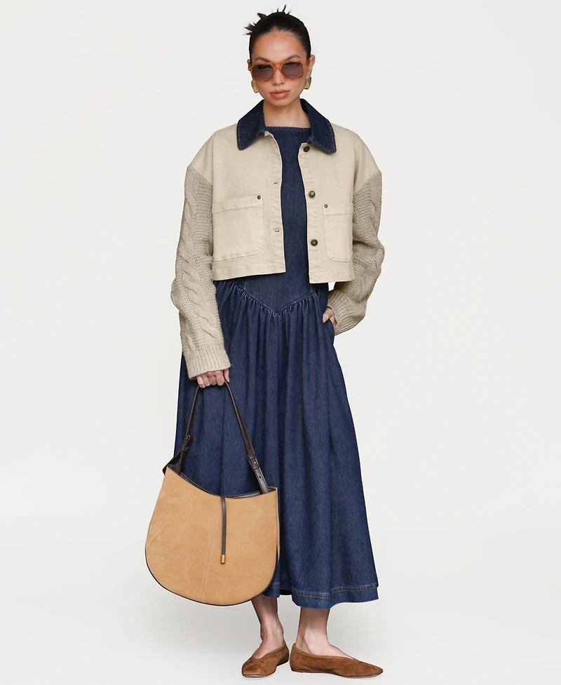 Avec Les Filles Women's Sweater-Sleeve Rinse Wash Denim Chore Jacket