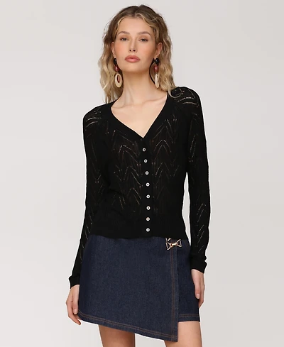 Avec Les Filles Women's Pointelle Knit V-Neck Cardigan