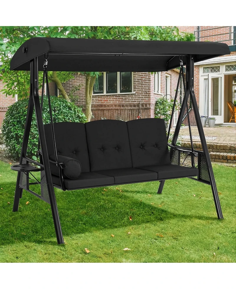 Boyel Living 3-Person Metal Patio Swing with Removable Cushion & Cup Holder Outdoor Porch Chair for Adults Garden Backyard Deck