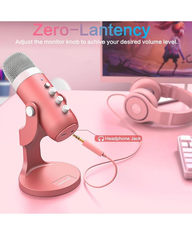 ZealSound Pink Usb Gaming Mic, Quick Mute for Phone, Pc, PS5, Gain Control, Echo & Monitor Volume, Streaming, Vocal Recording, Asmr, Podcast, Video