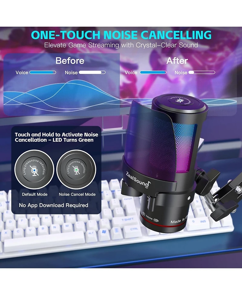 ZealSound Usb Microphone for iPhone,Noise Cancellation Gaming mic with Touch Mute,Gain,Monitoring,Usb Mic Boom Arm for Streaming,Podcast,Twitch