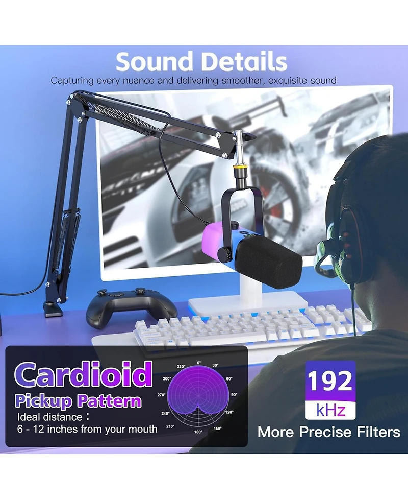 ZealSound Usb Gaming Microphone Pc Mic w/ Rgb for Streaming, Podcast, Vocal Recording, Asmr, Noise Cancellation, Mute Button, Gain Knob, Desktop Arm