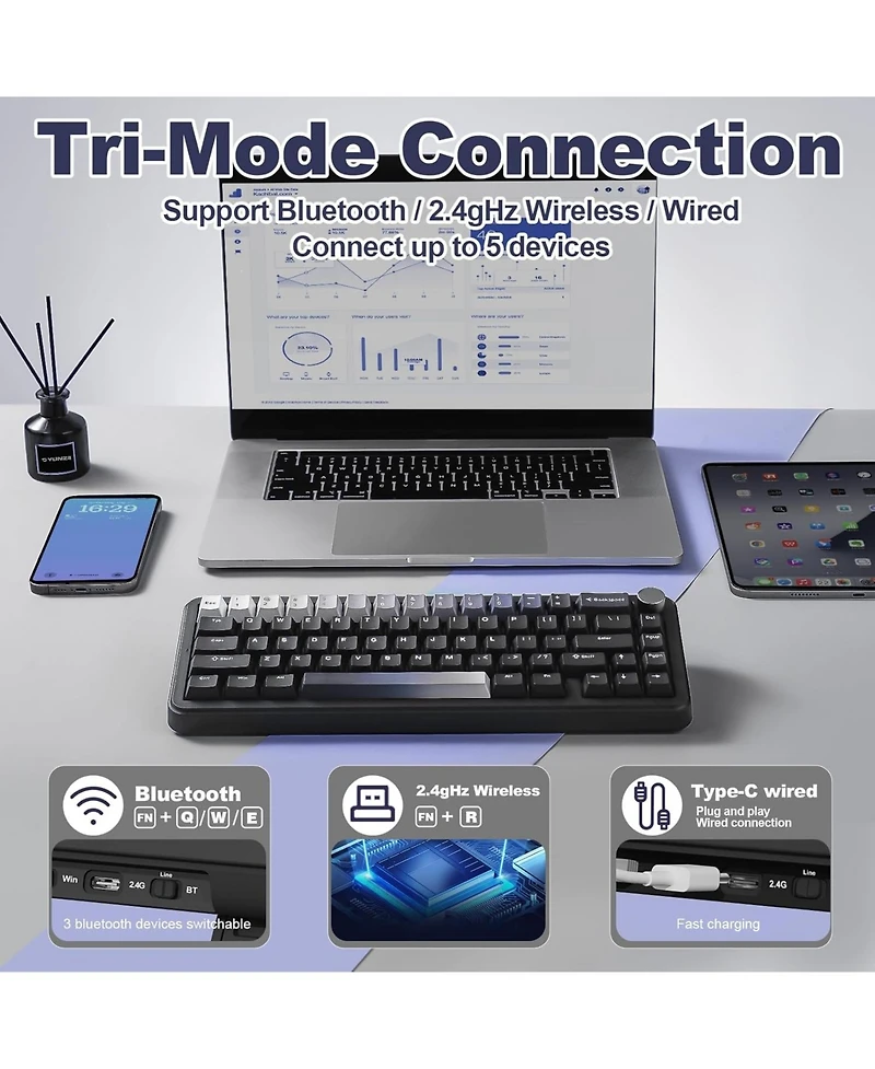 Yunzii B68 Wireless Mechanical Keyboard,Tri-Mode BT5.0/2.4GHz/Usb-c,Cute Pbt Keycaps,Hot Swappable Creamy Typing Gasket (Cocoa Cream V2 Switch)