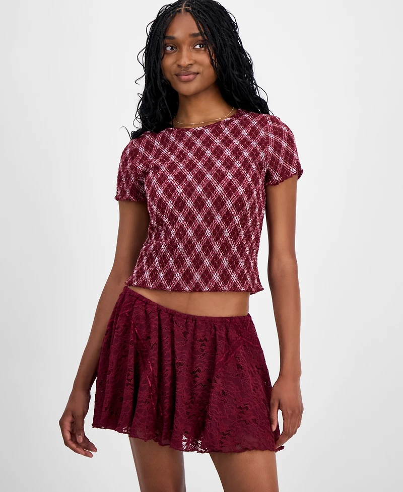 Madden Girl Juniors' All Over Print Smocked Short-Sleeve Top