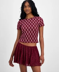 Madden Girl Juniors' All Over Print Smocked Short-Sleeve Top