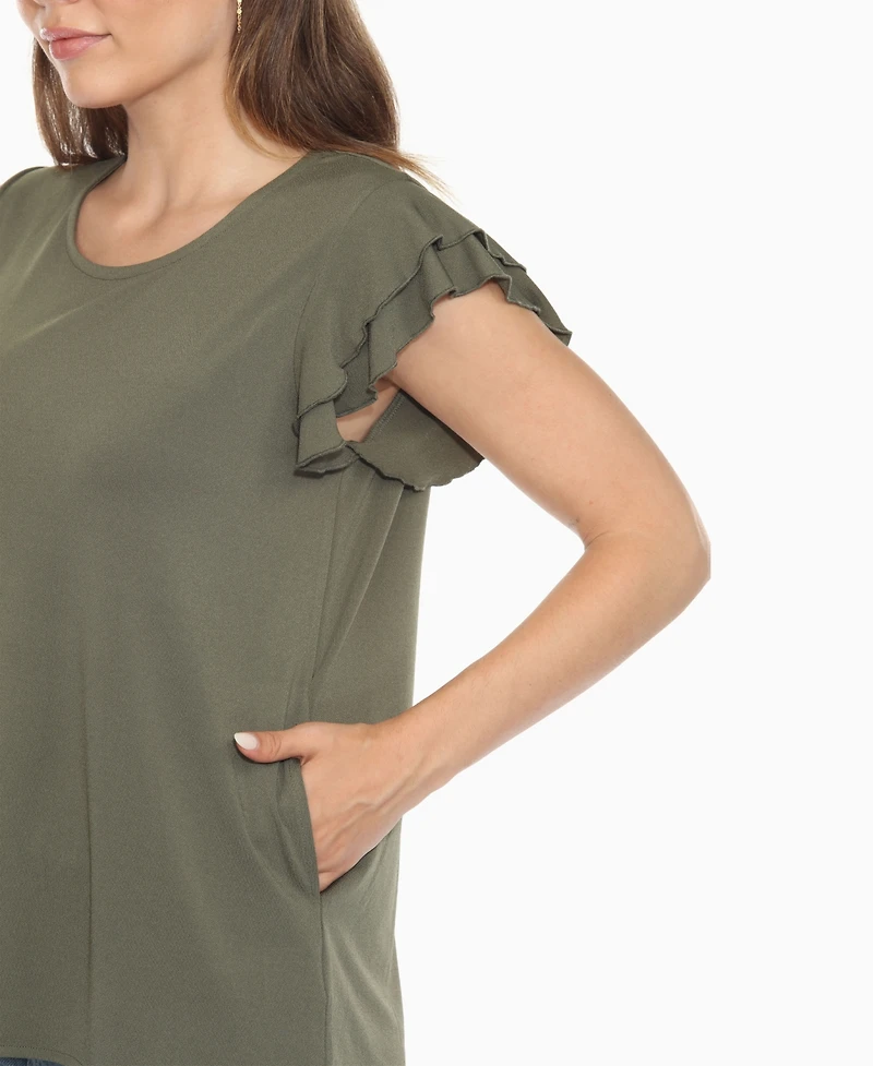 White Mark Women's Ruffle Sleeve Solid Top