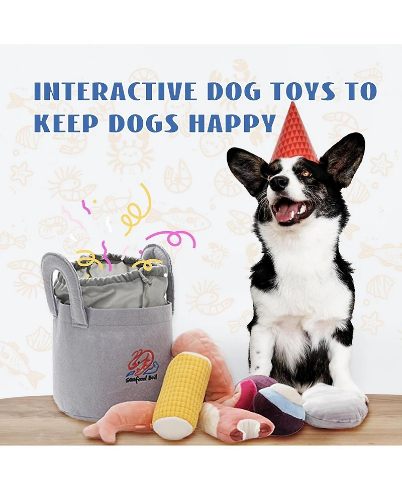 Nocciola 10 Pcs Seafood Boil Dog Toy Set with a Pot,Christmas gift,Squeaky Crinkle Plush Puppy Toy,Interactive Toys,Hide Toys for Small to Medium Dogs