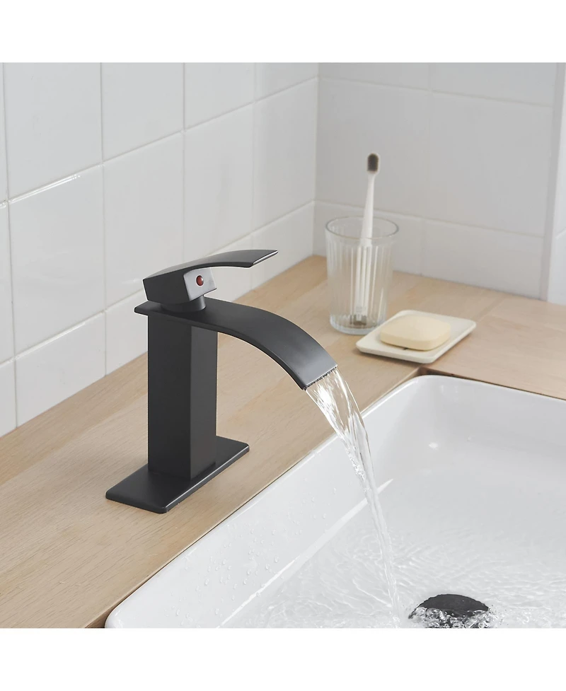 Greenspring Waterfall Single Handle Hole Low-Arc Bathroom Faucet Drip-Free Vanity Sink Matte Black & Gold