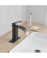 Greenspring Waterfall Single Handle Hole Low-Arc Bathroom Faucet Drip-Free Vanity Sink Matte Black & Gold