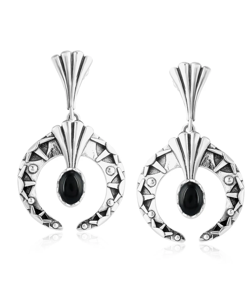 American West Jewelry Sterling Silver Black Agate Fritz Casuse Oval Gemstone Naja Earrings