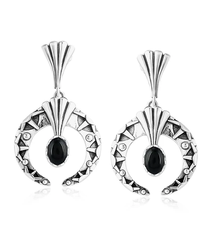 American West Jewelry Sterling Silver Black Agate Fritz Casuse Oval Gemstone Naja Earrings