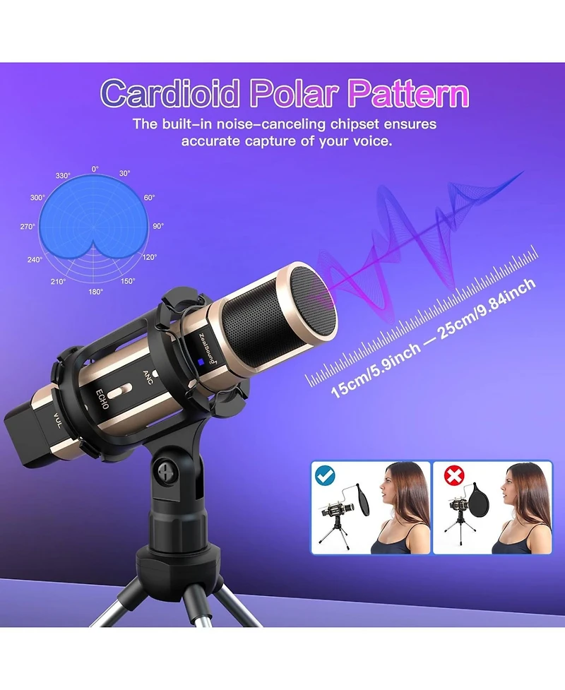 ZealSound Usb & 3.5mm Microphone with Type-c Adapter, Echo Volume, Tripod Stand, Pop Filter for Asmr, Video Recording, Streaming, Discord