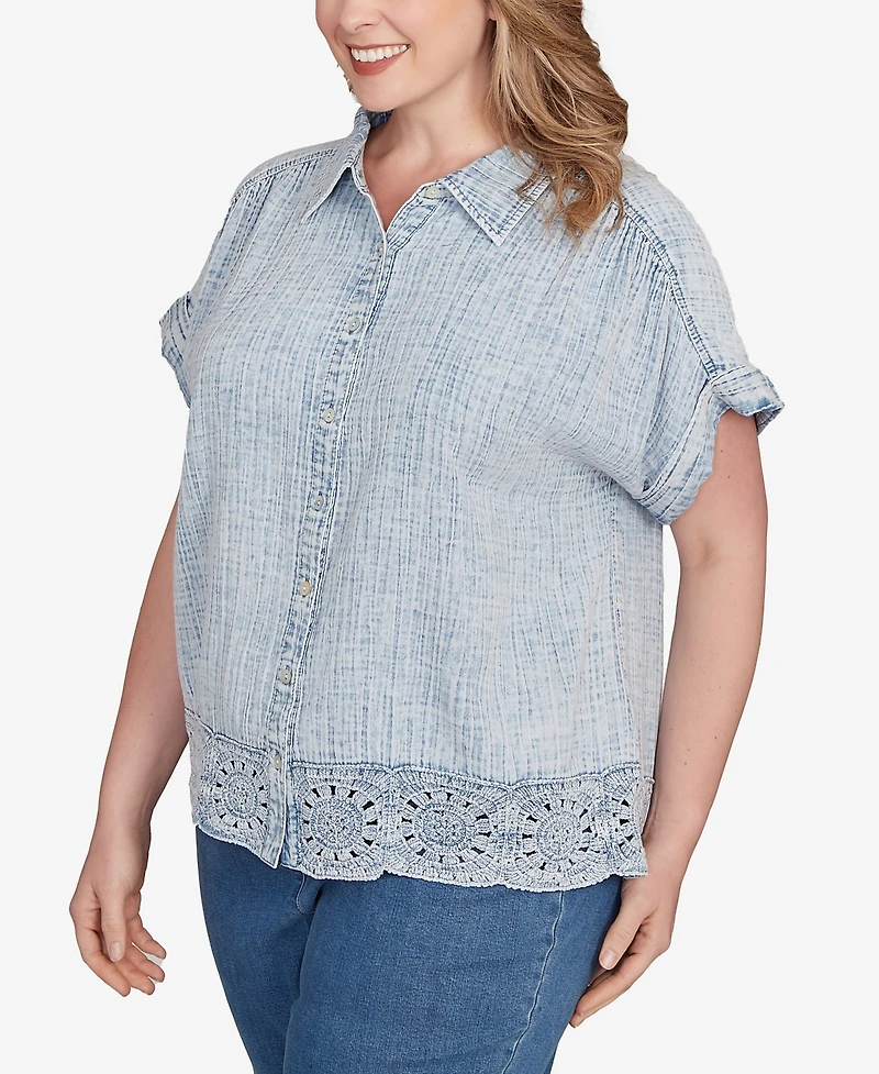 Ruby Rd. Plus Snow Washed Crochet Hem Collared Shirt