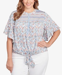 Ruby Rd. Plus Vintage Floral Tie Front Henley Top