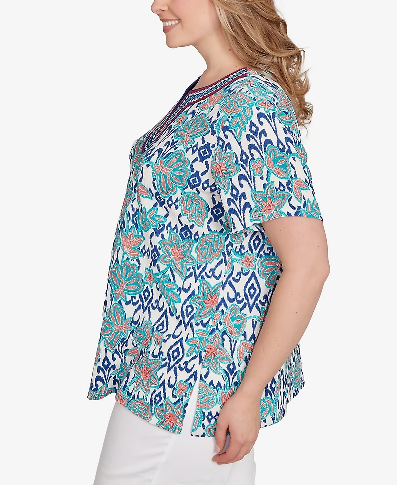 Ruby Rd. Plus Floral Overlay Ikat Embroidered Top