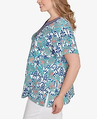 Ruby Rd. Plus Floral Overlay Ikat Embroidered Top