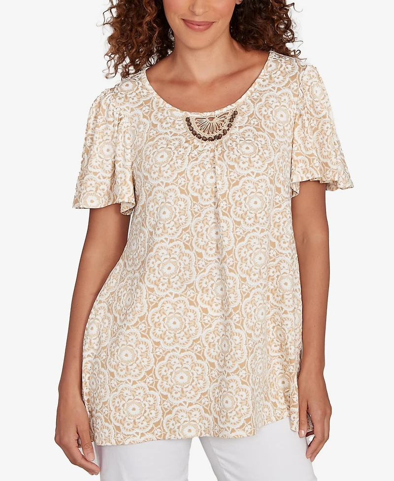 Ruby Rd. Plus Size Beaded Macrame Puff Print Top