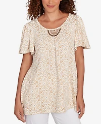 Ruby Rd. Plus Size Beaded Macrame Puff Print Top