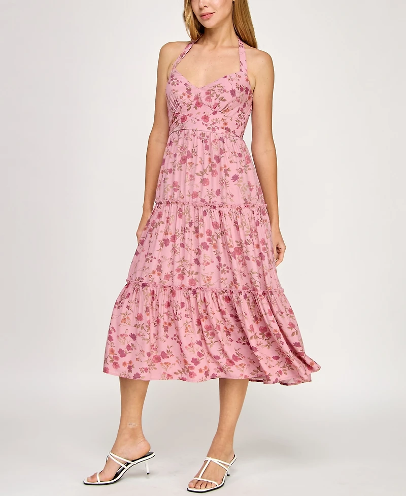 Trixxi Juniors' Printed Sleeveless Halter Midi Dress