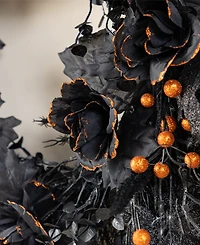 Glitzhome 7" Halloween Black Rose, Skeleton and Berry Wreath Hanger