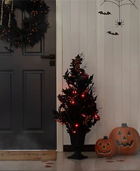 Glitzhome 36" Halloween Lighted Black Rose with Orange Glitter Urn Porch Tree with Timer