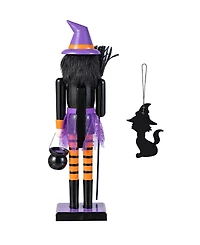 Glitzhome Halloween Wooden Witch Nutcracker with Witch Cat Ornament, Set of 2