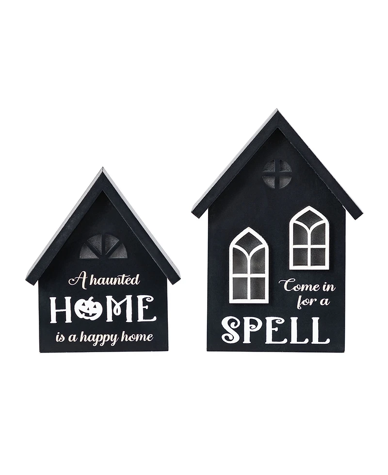 Glitzhome Lighted Halloween Wooden House-shaped Table Decor, Set of 2
