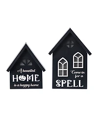 Glitzhome Lighted Halloween Wooden House-shaped Table Decor, Set of 2