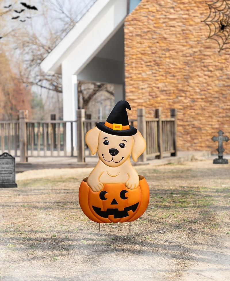 Glitzhome 32" Halloween Metal Labrador In Pumpkin Yard Stake