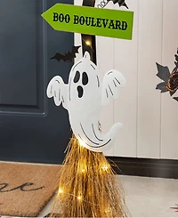 Glitzhome 41.75" Lighted Wooden Ghost's Broom Porch Decor
