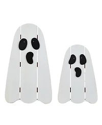 Glitzhome Halloween Lighted Wooden White Ghost Porch Decor with Timer, Set of 2
