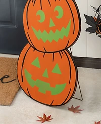 Glitzhome Halloween Wooden Skeleton Cat and Stacked Pumpkin Porch Decor, Set of 2