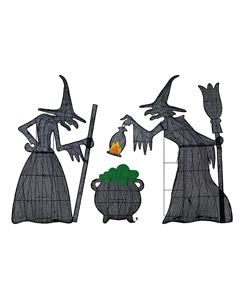 Glitzhome Lighted Halloween Witches with Cauldron Outdoor Decor with Warm White Led Lights, Set of 3