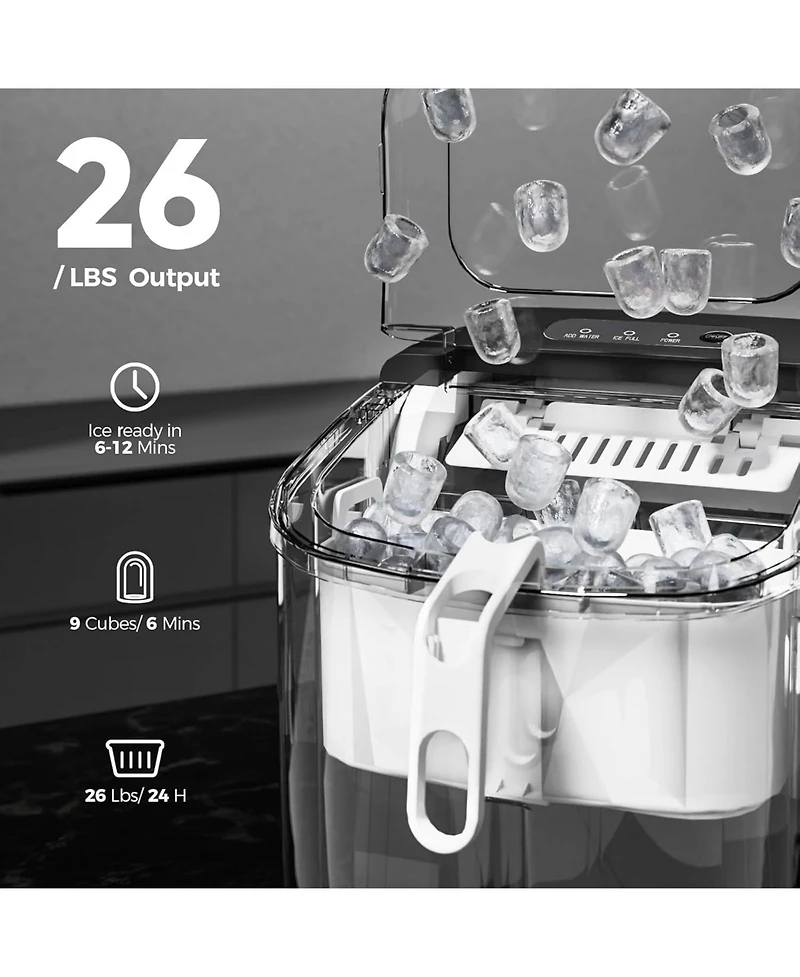 Cowsar Countertop Ice Maker Machine with Handle,26Lbs/24H,9 Cubes Ready in 6 Mins,Self-Cleaning Function with Ice Scoop and Basket for Home/Office