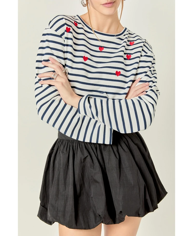 English Factory Women's Heart Embroidered Stripe T Shirt