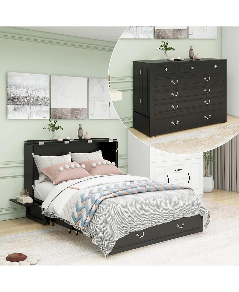 livelylodge Murphy Bed Cabinet, Queen Murphy Bed with Usb and Charging Ports, with Drawer Includes Storage Cabinet Suit for Guest Room, Black Walnut C