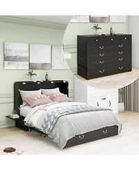 livelylodge Murphy Bed Cabinet, Queen Murphy Bed with Usb and Charging Ports, with Drawer Includes Storage Cabinet Suit for Guest Room, Black Walnut C
