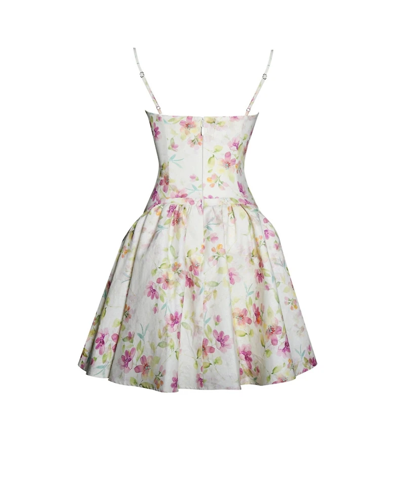 Miss Circle Women's Valda Yellow and Pink Print Linen Mini Dress with Pockets