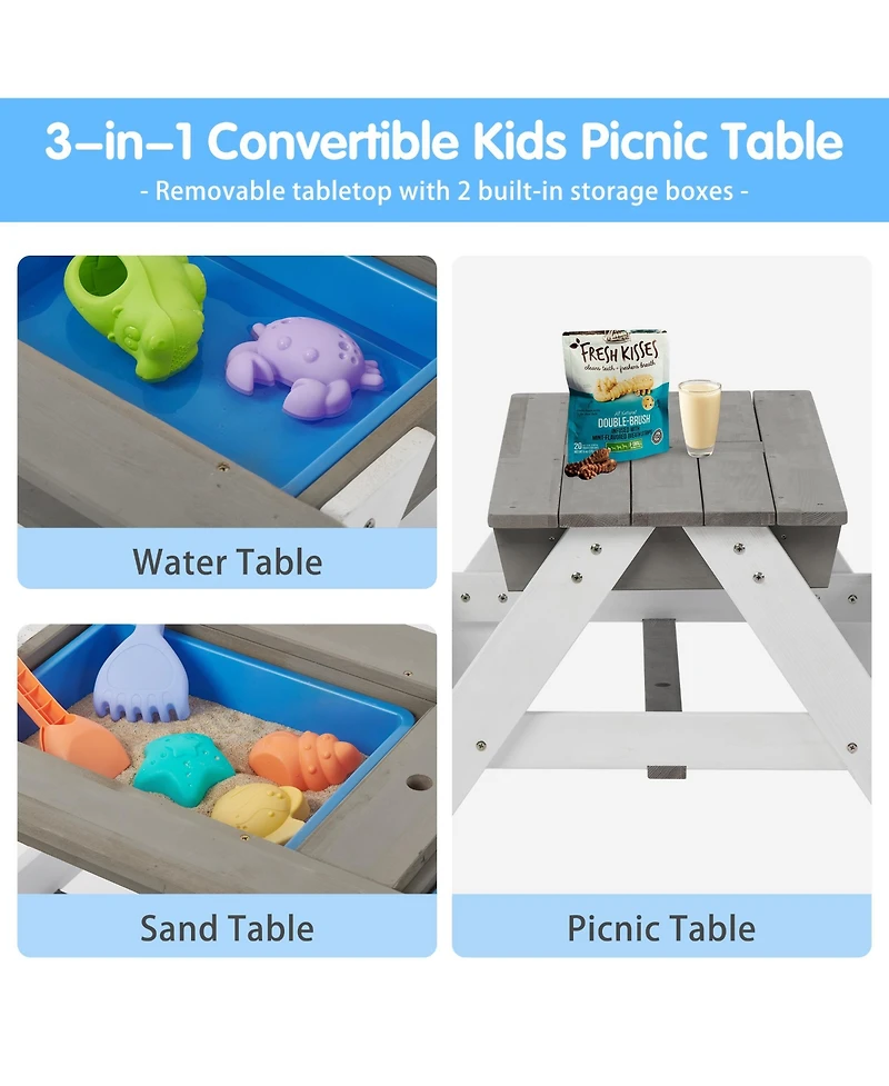 Flynama One 3-in-1 Kids Outdoor Wooden Picnic Table With Umbrella, Convertible Sand & Wate, Gray Astm & Cpsia Certification