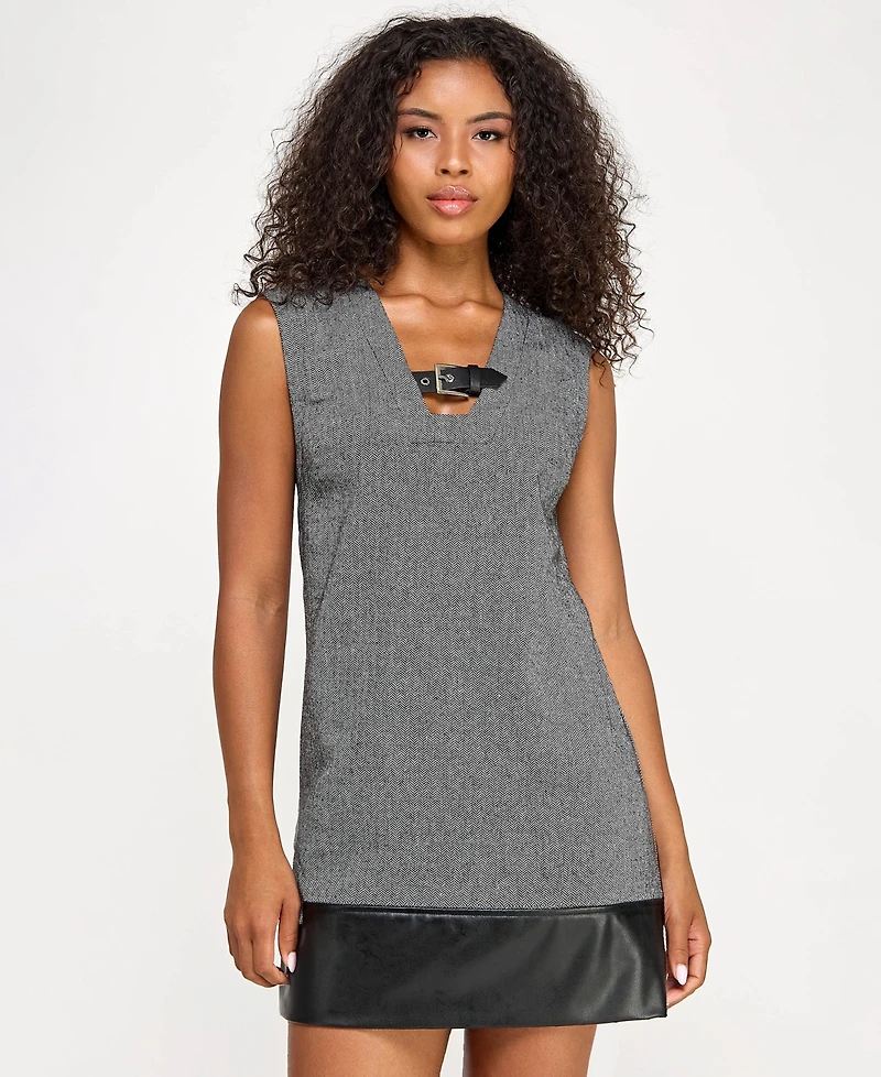Seni & Cade Juniors' Faux Leather Trim A-Line Dress